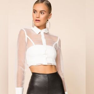 Superdown White Sheer Crop Blouse with Long Sleeves